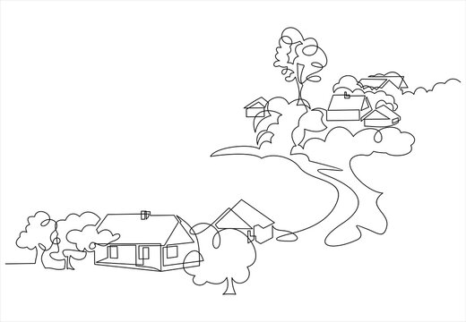 recommend clip art: Rural landscape drawn in one line. Country house. continuous one line drawing
