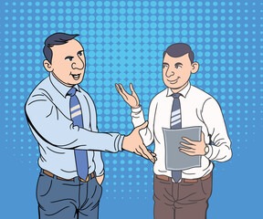 Two business men discussing and assign new tasks to do. Hand drawn  vector design illustration.