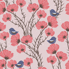 Seamless pattern with blooming cosmea branches, rabbits, berries and birds. Wildlife silhouette, pastel floral background. Vector hand drawn illustration, garden in folk style. Perfect for textile
