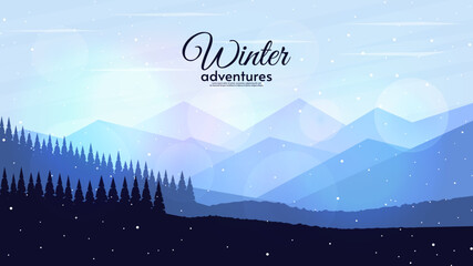 Vector illustration. Alps style. Flat style illustration. Winter landscape with mountains.  Design for wallpaper, background, banner. 