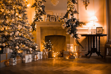 warm and cozy evening in Christmas room interior design,Xmas tree decorated by lights presents...