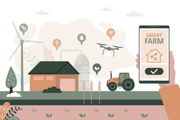 Obraz premium Modern agriculture technology. Smart farming concept. Wireless, remote control with mobile phone. Artificial intelligence working on farm. Innovation on farm. Countryside, farmland view.