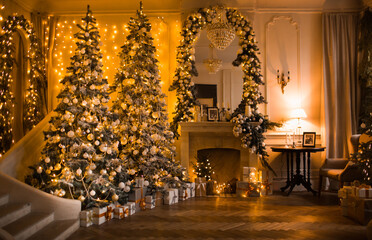 warm and cozy evening in Christmas room interior design,Xmas tree decorated by lights presents...