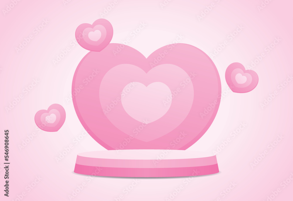 Wall mural cute lovely pastel pink heart backdrop with podium display 3d illustration vector for putting object