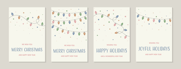 Cord of colourful Christmas lights. Set of greeting cards with ornaments. Vector illustration