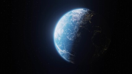 Panoramic view of partly lit blue planet Earth in universe Sunrise over planet Earth, space view