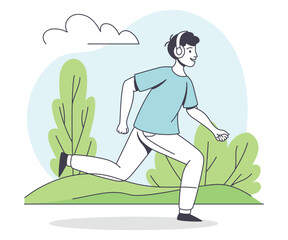 Man Character in Headphones Running in the Park Outline Vector Illustration