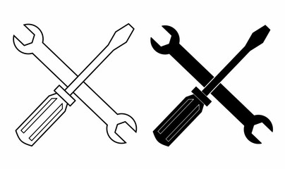 outline silhouette cross wrench screwdriver icon set isolated on white background