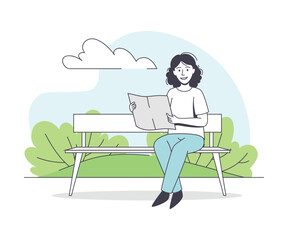 Woman Character Sitting on Bench in the Park and Reading Newspaper Outline Vector Illustration