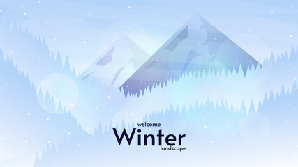 Vector illustration. Winter landscape. Mountains with forest. Snowfall. Design for wallpaper, background, greeting card. 