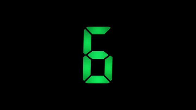 Countdown from 10 to 0, digital seven-segment indicator or digital clock, black background, green numbers