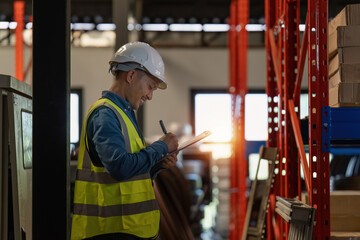 Working at warehouse. Male warehouse worker checking in storage department. Employee organizing goods distribution to the market.