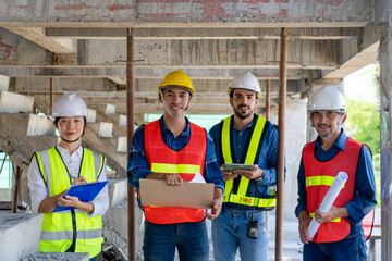 team of civil engineer manager, maintenance supervisor, professional technician foreman together...
