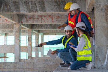 team of civil engineer manager, maintenance supervisor, professional technician foreman together...