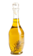 Jug with olive oil, olive branch isolated on white background.