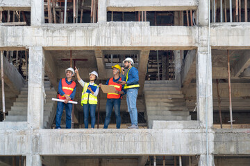 team of civil engineer manager, maintenance supervisor, professional technician foreman together...