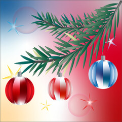 Christmas card with a Christmas tree branch and balls. New Year.