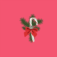 Green and red striped Christmas Candy Canes tied with red ribbon bow and fir tree leaves vector illustration.red background
