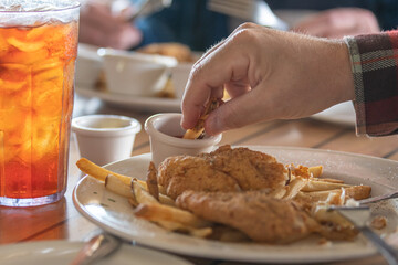 Eating outside at a seafood restaurant.