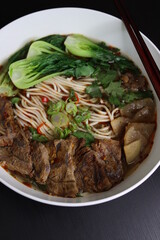 Chinese Lanzhou Beef Noodle Soup, Hand Pulled Noodles, with Beef Shank, Bok Choy, Green Onions, Daikon Radish - Closeup
