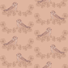 Seamless pattern with sparrow birds sitting on flower branches, hand drawn graphic illustration