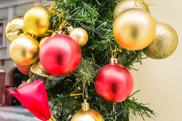 Traditional New Year decorations for the Christmas tree. Placed traditional New Year decorations for the Christmas tree. Decorative Christmas balls for the Christmas tree.