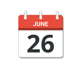 June 26th calendar icon vector.