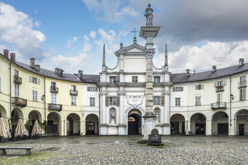 the beautiful facade of the public hospital and the main square in Venaria Reale