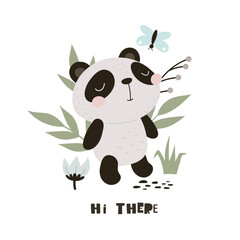 hi there. cartoon panda, hand drawing lettering, decorative elements. flat style, colorful vector for kids. baby design for cards, poster decoration, t-shirt print