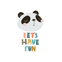 lets have fun. cartoon panda, hand drawing lettering, decorative elements. flat style, colorful vector for kids. baby design for cards, poster decoration, t-shirt print