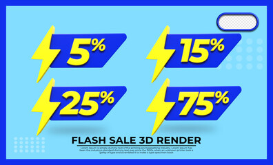 bundle of 3D render flash sale discount element transparent blue and yellow 5%, 15%, 25%, 75%
