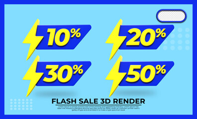 bundle of 3D render flash sale discount element transparent blue and yellow 10%, 20%, 30%, 50%
