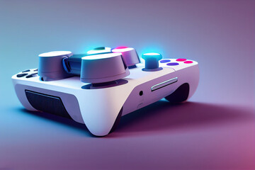 Futuristic game concept of home multiplayer video game and wireless controller on blurred background. Selective focus.