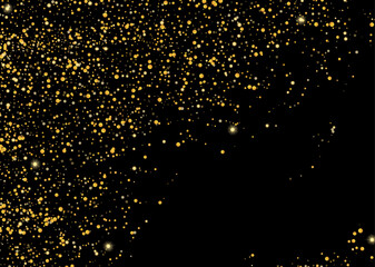 Gold glitter confetti on a black background. Shiny particles scattered, sand. Decorative element. Luxury background for your design, cards, invitations, vector