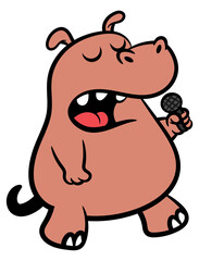 Cartoon illustration of funny Hippo singing with microphone. Best for sticker, logo, and mascot with animal themes for kids