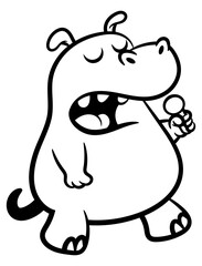 Cartoon illustration of funny Hippo singing with microphone. Best for outline, logo, and coloring book with animal themes for kids