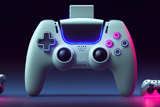 Futuristic game concept of home multiplayer video game and wireless controller on blurred background. Selective focus. - Powered by Adobe