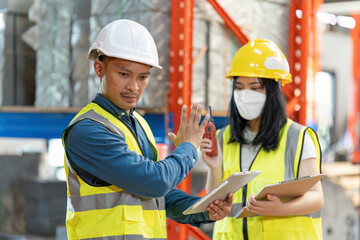 Working at warehouse. Male warehouse worker checking in storage department. Employee organizing goods distribution to the market.