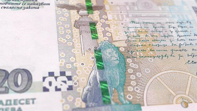 Bulgaria Bulgarian Lev 20 Banknotes, Twenty Bulgarian Lev, Close-up and macro view of the Bulgarian Lev, Tracking and Dolly Shots 20 Bulgarian Lev banknote Observe and Reserve Side, Bulgarian Lev