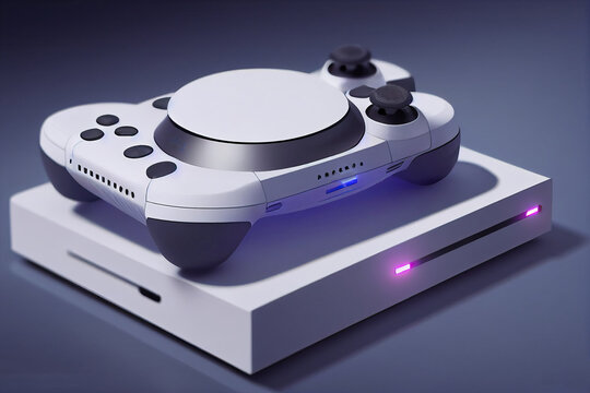 Futuristic game concept of home multiplayer video game and wireless controller on blurred background. Selective focus.