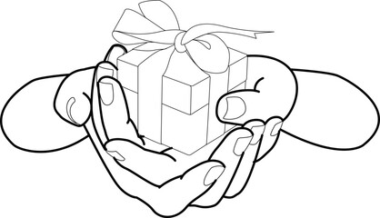Line art of human hand holding gift box .