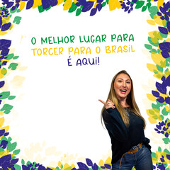 Woman pointing to the side on a background with the colors of Brazil