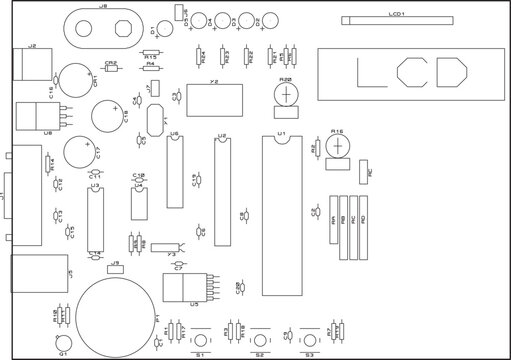 Vector assembly drawing electronic circuit board with components.  Computer motherboard.