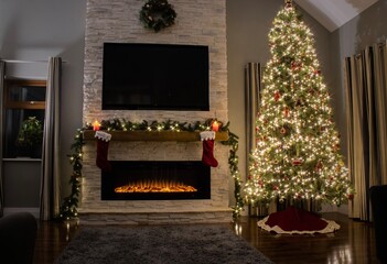 modern stone fireplace with christmas decorations