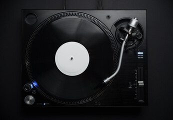 Dj turntable in flat lay. Professional hi fi turn table player for disc jockey shot directly from...