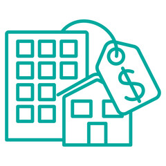 Simple minimal modern line residential buildings icon with price tag and dollar sign. Vector blue outline pictogram isolated on transparent background