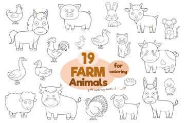 Set of 19 farm animals for coloring in cartoon style Vector Illustration