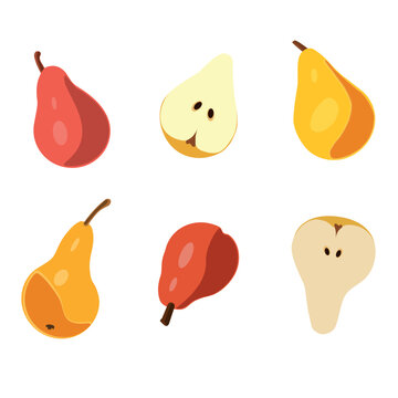 Pear Fruit Illustration Set, Collection. Whole and half pear fruits set. Red and yellow pears. Vector isolated on white background.