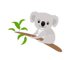 Koala bear on tree branch. Cute funny animal. Vector cartoon flat illustration.