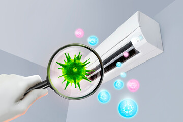 3D simulation of viruses inside the air conditioner by showing through a magnifying glass and virus...